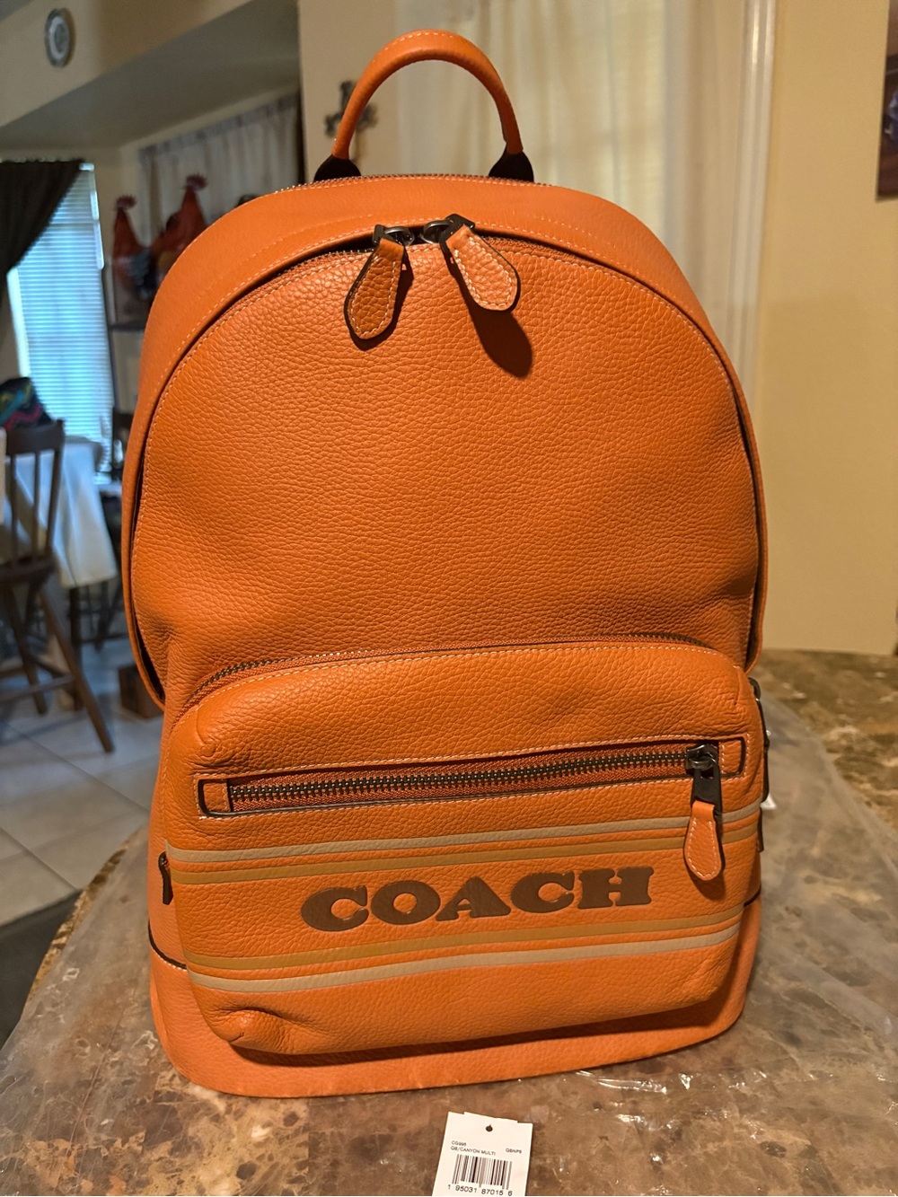 COACH Orange Leather Pebbled Backpack with Front Logo Pocket